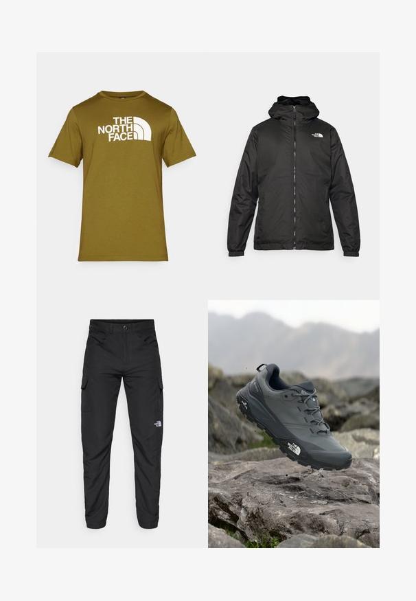 Sort The North Face hættejakke med frontlynlås, elastiske manchetter og logo på øverste venstre bryst mod en hvid baggrund.; Oliven grøn bomulds t-shirt med et hvidt logo print af "THE NORTH FACE" og buede designelementer på forsiden. Rund halsudskæring, korte ærmer.; The North Face HORIZON PANT - Outdoorbukser - black; Grå trail løbesko med en tekstureret overdel, slidstærk gummisål og forstærket tåkap. Har snørebånd og mærkelogo på siden.