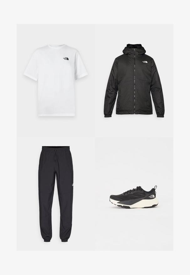 Svart The North Face huva jacka med framzipper, elastiska muddar och logotyp på övre vänstra bröstet mot en vit bakgrund.; Vit bomull t-shirt med rund hals och korta ärmar. Har en liten svart logotyp på vänster bröstområde. Slät textur, enkel design.; Svarta träningsbyxor tillverkade av lättviktsmaterial, med dragsko i midjan, sidofickor och avsmalnande muddar vid anklarna.; Svart sportskor med strukturerad meshöversida, helt svarta detaljer och vit lätt sula. Utökad med snörning och dragflik.