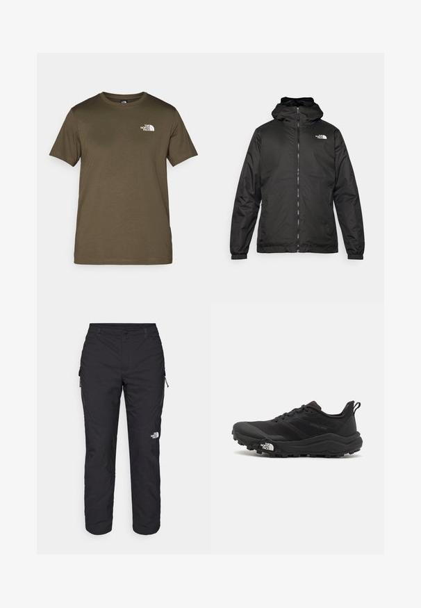 Fekete The North Face kapucnis dzseki elülső zipzárral, elasztikus mandzsettákkal és logóval a bal felső mellkason, fehér háttér előtt.; Olíva zöld pamut póló rövid ujjakkal, kerek nyakrésszel és fehér logóval a bal mellen. Sima anyagú, normál szabású.; The North Face WINTER EXPLORATION TAPERED CARGO - Szabadtéri nadrágok - black; Fekete terepfutó cipő, textúrált felső résszel, gumitalppal és megerősített lábujjrészével. Párnázott bokarésszel és húzófüllel rendelkezik a könnyű felhúzáshoz.