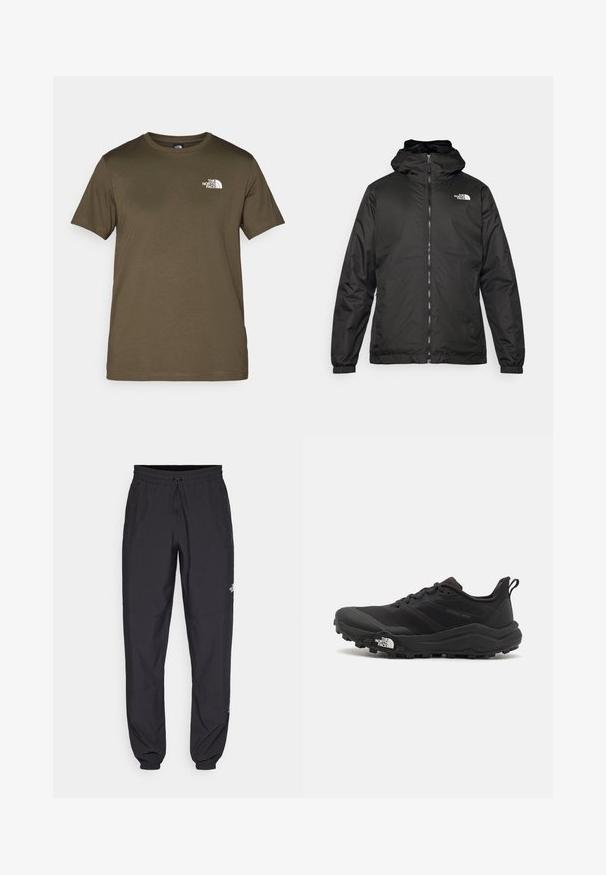 Sort The North Face hættejakke med frontlynlås, elastiske manchetter og logo på øverste venstre bryst mod en hvid baggrund.; Oliven grøn bomulds t-shirt med korte ærmer, rund hals og et hvidt logo på venstre bryst. Glat stofstruktur, normal pasform.; Sorte atletiske bukser lavet af letvægtsstof, med en snor i taljen, sidelommer og tapered manchetter ved anklerne.; Sort trail løbesko med en struktureret overdel, gummisål og forstærket tåhætte. Har en polstret krave og en pull-tab til nem påtagning.