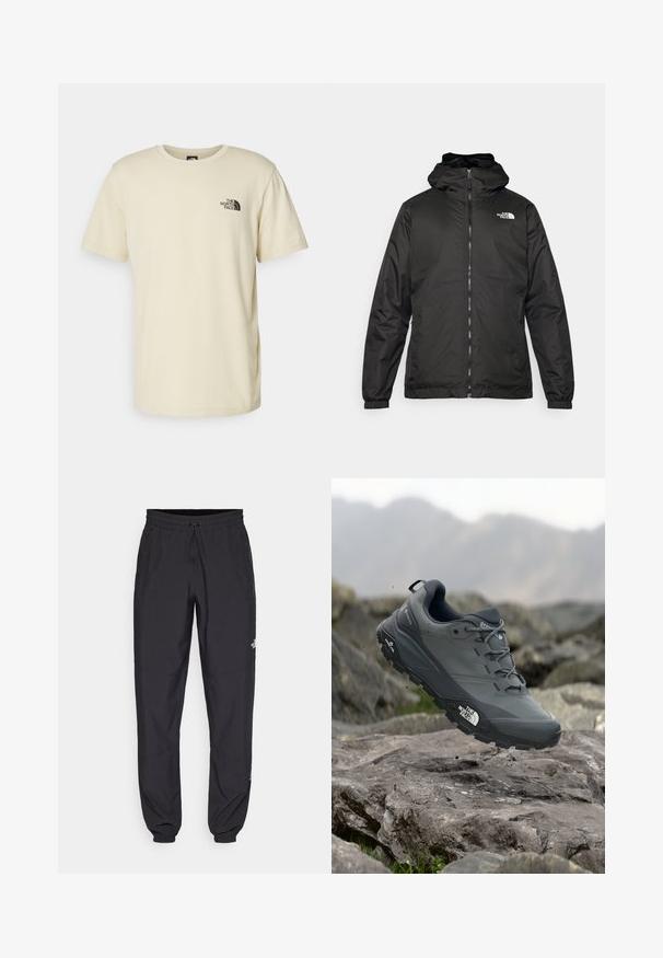 Jacket preta com capuz da The North Face, com fecho éclair na frente, punhos elásticos e logotipo no canto superior esquerdo do peito, em fundo branco.; T-shirt de algodão bege claro com gola redonda e mangas curtas. Apresenta um logótipo preto impresso na área do peito esquerdo. Corte simples e clássico.; Calças atléticas pretas feitas de tecido leve, com um cós ajustável por cordão, bolsos laterais e punhos afunilados nos tornozelos.; Sapatilha de corrida em trilhos cinza com um cabedal texturizado, sola de borracha durável e ponteira reforçada. Apresenta atacadores e o logótipo da marca de lado.