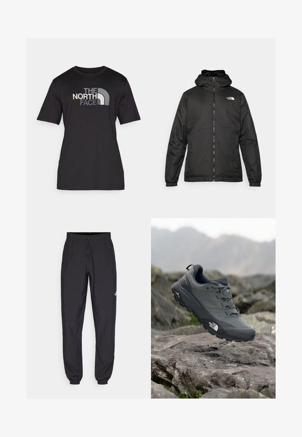 Zwarte The North Face hoodie met ritssluiting aan de voorkant, elastische manchetten en logo op de bovenste linkerborst tegen een witte achtergrond.; Zwarte korte mouwen t-shirt van katoen, met een opvallend grijs-wit logo op de voorkant. Ontspannen pasvorm met een ronde hals.; Zwarte sportieve broek gemaakt van lichtgewicht stof, met een trekkoord in de taille, zijzakken en taps toelopende boorden bij de enkels.; Grijze trailrun-schoen met een gestructureerde bovenkant, duurzame rubbersole en versterkte neuskap. Voorzien van veters en een merkimprint aan de zijkant.