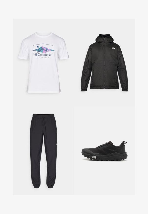 Must esine The North Face must kapuutsiga jakk, millel on esizipp, elastsed mansetid ja logo vasakul ülemisel rinnal valge tausta ees.; Valge puuvillane t-särk, millel on mägi graafika lillakate ja teal värvidega, allpool disaini tekst "Columbia Sportswear Company".; Mustavad sportlikud püksid, mis on valmistatud kergest kangast, joonlauaga taljest, küljetaskudega ja kitsenevate varrukatega pahkluude juures.; Must tume jooksujalats musta värvi, tekstuurse ülemise osaga, kummist tallaga ja tugevdatud varbaga. Omab pehmendusega krae ja tõmblinti mugavaks selga panemiseks.
