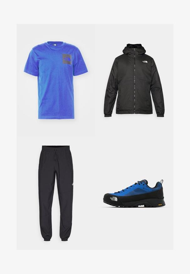 Juodas „The North Face“ striukė su gobtuvu, priekyje užtrauktuku, elastingomis rankogaliais ir logotipu viršutinėje kairėje krūtinės pusėje ant baltos fono.; The North Face M SS FINE TEE - Marškinėliai su spaudiniu - blue/black; Juodos sportinės kelnės, pagamintos iš lengvos medžiagos, su raišteliu liemens srityje, šoniniais kišenėmis ir siaurėjantys apykaklės prie kulkšnies.; The North Face VERTO ALPINE GORE TEX - Turistiniai batai - hero blue/tnf black