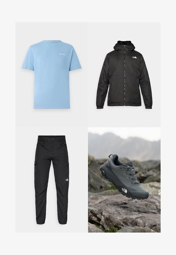 Must esine The North Face must kapuutsiga jakk, millel on esizipp, elastsed mansetid ja logo vasakul ülemisel rinnal valge tausta ees.; Sügisene sinine lühikeste varrukatega T-särk sileda kangaga, ümmarguse kaelusega. Esiküljel on vasakul rinnapartii väike valge logo.; The North Face HORIZON PANT - Õuepüksid - black; Hallhalli jooksukingad halli värvi, tekstureeritud ülemise osaga, vastupidava kummist tallaga ja tugevdatud varvaste kattega. Omab paelu ja kaubamärgi logo küljel.