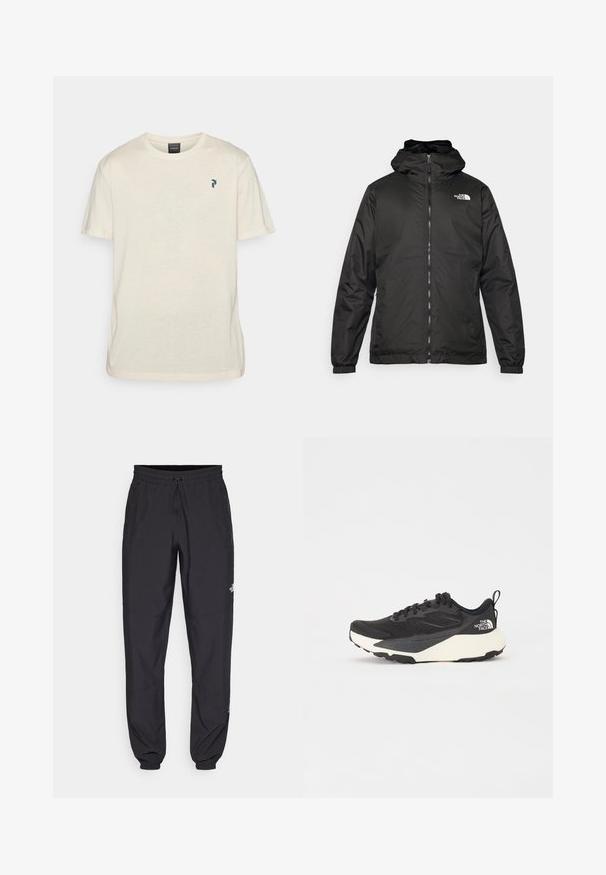 Sort The North Face hættejakke med frontlynlås, elastiske manchetter og logo på øverste venstre bryst mod en hvid baggrund.; Peak Performance EXPLORE GRAPHIC TEE - T-shirts print - sand fog; Sorte atletiske bukser lavet af letvægtsstof, med en snor i taljen, sidelommer og tapered manchetter ved anklerne.; Sort sportsko med struktureret mesh-overdel, solide sorte detaljer og hvid letvægts sål. Har snørebåndslukning og trækstrop.