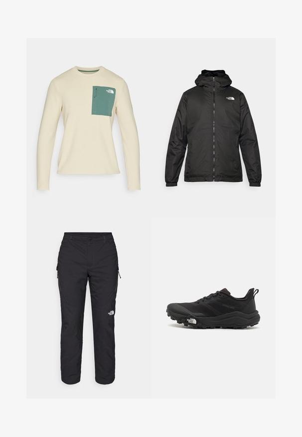 Čierna bundá s kapucňou The North Face s predným zipsom, elastickými manžetami a logom v ľavom hornom rohu hrude na bielom pozadí.; Bežový top s dlhými rukávmi vyrobený z textúrovaného materiálu, ktorý má zelenú náprsné vrecko s šnúrkou a detailom loga.; The North Face WINTER EXPLORATION TAPERED CARGO - Outdoorové nohavice - black; Čierne trailové behacie topánky s štruktúrovaným zvrškom, gumovou podrážkou a vystuženou špičkou. Obsahuje polstrovaný golier a úchyt na jednoduché obúvanie.