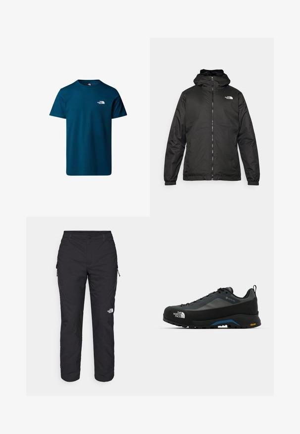 Černá kapucínová bunda The North Face s předním zipem, elastickými manžetami a logem na horní levé části hrudi na bílém pozadí.; The North Face M SS SIMPLE DOME TEE - Sportovní tričko - midnight petrol; The North Face WINTER EXPLORATION TAPERED CARGO - Outdoorové kalhoty - black; The North Face VERTO ALPINE GORE TEX - Trekingové boty - asphalt grey/tnf black