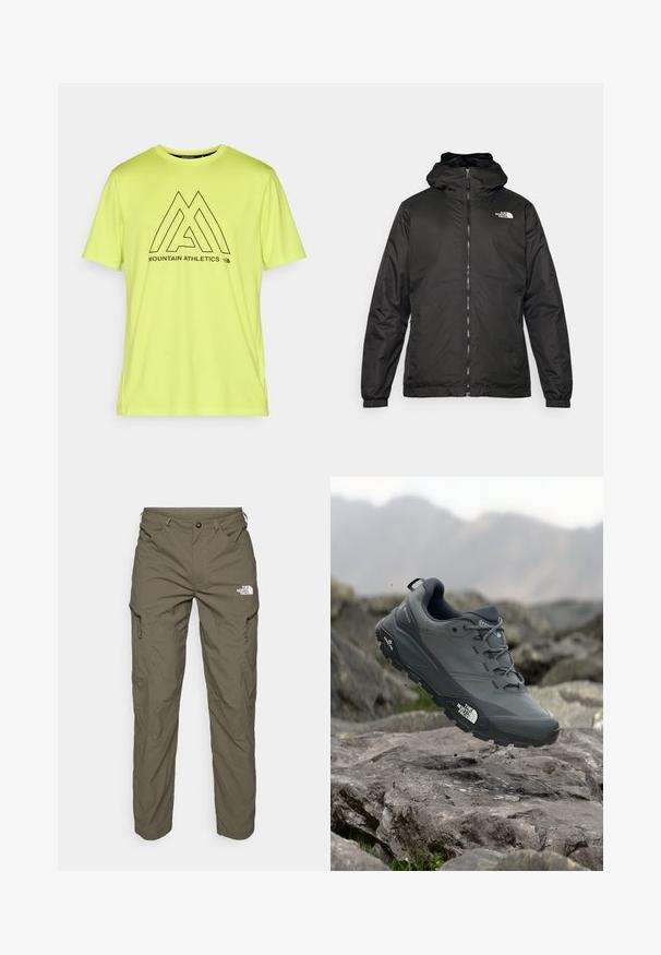 Musta The North Face -huppari, jossa on etuvetoketju, joustavat hihansuut ja logo vasemmalla ylärinnassa valkoista taustaa vasten.; Kirkas neon keltainen urheilupaita pehmeästä kankaasta, jossa on musta graafinen kuvasto ja "MOUNTAIN ATHLETICS" -teksti sekä logo.; Vihreät ulkoiluhousut, jotka on valmistettu kevyestä kankaasta. Housuissa on cargo-taskuja, vetoketjuviimeistelyjä ja logo reiden yläosassa.; Harmaa polkujuoksukenkä, jossa on teksturoitu päällinen, kestävä kumipohja ja vahvistettu varvastoppa. Varustettu nauhoilla ja brändin logolla sivussa.