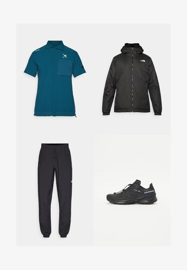 Črna kapuca jakna The North Face z sprednjim zadrgo, elastičnimi manšetami in logotipom na zgornjem levem prsnem delu na belem ozadju.; Srajca s kratkimi rokavi v teal barvi, izdelana iz gladkega materiala, z sprednjim žepom, gumbom za zapiranje in izvezenim logotipom na prsih.; Črne atletske hlače iz lahkega materiala, ki imajo elastični pas z vezalko, stranske žepe in zožene manšete na gležnjih.; Črne tekaške čevlje za terene z teksturiranim zgornjim delom, elastičnimi vezalkami in Contagrip podplatom. Imajo udoben prileganje in zaščitni kapica za prste.
