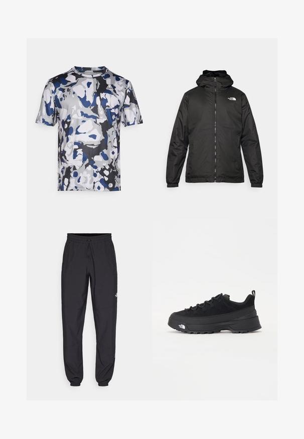 Melnā The North Face kapuce jaka ar priekšējo rāvējslēdzēju, elastīgām piedurknēm un logo augšējā kreisajā krūtī uz balta fona.; Īsa piedurkne sporta krekls ar kamuflāžas rakstu, kas satur zilus, pelēkus un baltus toņus. Veidots no gluda, viegla auduma ar #coup_neck. ; Melni sporta bikses, kas izgatavotas no viegla auduma, ar savelcamu jostu, sānu kabatām un sašaurinātiem apakšējiem galiem pie potītēm.; Melni āra sporta apavi ar zamšādas virsu, teksturētu gumijas zoli un izturīgu auklu sistēmu. Iezīmēts ar pastiprinātu papēdi un zīmola logo sānu daļā.