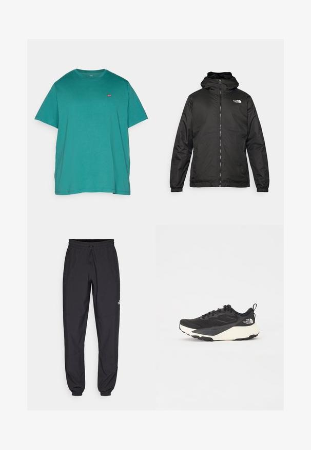 Melnā The North Face kapuce jaka ar priekšējo rāvējslēdzēju, elastīgām piedurknēm un logo augšējā kreisajā krūtī uz balta fona.; Levi's® Plus BIG ORIGINAL TEE - Pamata T-krekls - deep jungle; Melni sporta bikses, kas izgatavotas no viegla auduma, ar savelcamu jostu, sānu kabatām un sašaurinātiem apakšējiem galiem pie potītēm.; Melna sporta kurpe ar teksturētu acs augšdaļu, cietiem melniem akcentiem un balto vieglo zoli. Iekļauj šņorēšanas aizdari un vilkšanas cilpu.