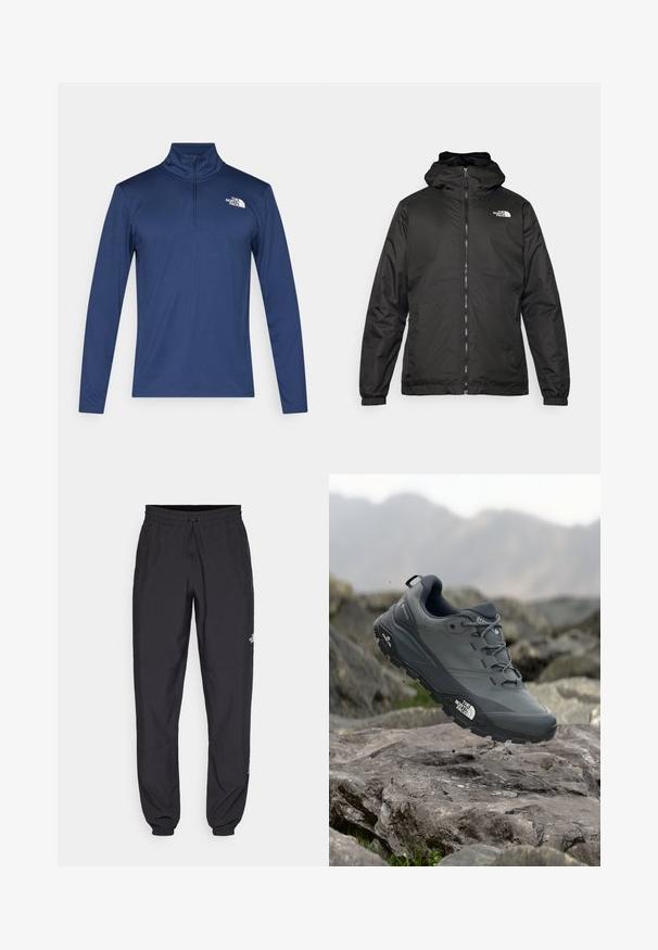 Juodas „The North Face“ striukė su gobtuvu, priekyje užtrauktuku, elastingomis rankogaliais ir logotipu viršutinėje kairėje krūtinės pusėje ant baltos fono.; Jūrinis ilgomis rankovėmis megztinis su pusiau užtrauktuku ir mažuoju baltu logotipu ant krūtinės. Minkšta medžiaga su lygiu paviršiumi, skirta aktyviam dėvėjimui.; Juodos sportinės kelnės, pagamintos iš lengvos medžiagos, su raišteliu liemens srityje, šoniniais kišenėmis ir siaurėjantys apykaklės prie kulkšnies.; Pilkas bėgimo batelis su tekstūruota viršutine dalimi, tvirtu guminio pado ir sustiprinta nosimi. Turi raištelius ir prekės ženklo logotipą šone.