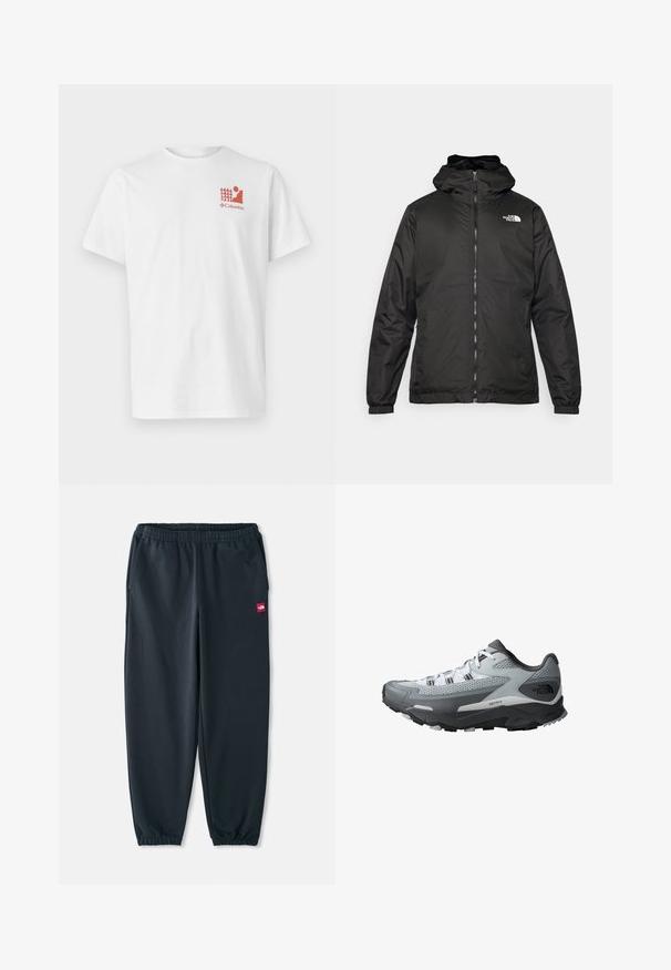 Juodas „The North Face“ striukė su gobtuvu, priekyje užtrauktuku, elastingomis rankogaliais ir logotipu viršutinėje kairėje krūtinės pusėje ant baltos fono.; Balta medvilninė marškinėlė su raudonu grafiniu medžio ir figūros piešiniu, su „Columbia“ logotipu apačioje. Trumpomis rankovėmis ir standartiniu apvaliu kaklu.; Juodai sportiniai džinsai, pagaminti iš lygios medžiagos, turi elastinę juosmenį, kulkšnies rankoves ir mažą raudoną logotipo etikėtę šone.; Ilgų distancijų bėgimo batai, turintys pilkai juodą spalvų schemą, tinklinę viršutinę medžiagą, tvirtą padą ir tekstūruotus akcentus sukibimui.