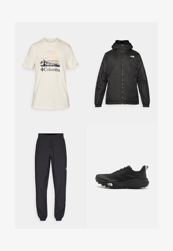 Čierna bundá s kapucňou The North Face s predným zipsom, elastickými manžetami a logom v ľavom hornom rohu hrude na bielom pozadí.; Svetlo béžové bavlnené tričko s grafickým potlačou hôr a slnka. Dizajn obsahuje pastelové farby a logo Columbia.; Čierne športové nohavice vyrobené z ľahkej tkaniny, s elastickým pásom na šnurovanie, bočnými vreckami a zúženými manžetami na členkoch.; Čierne trailové behacie topánky s štruktúrovaným zvrškom, gumovou podrážkou a vystuženou špičkou. Obsahuje polstrovaný golier a úchyt na jednoduché obúvanie.