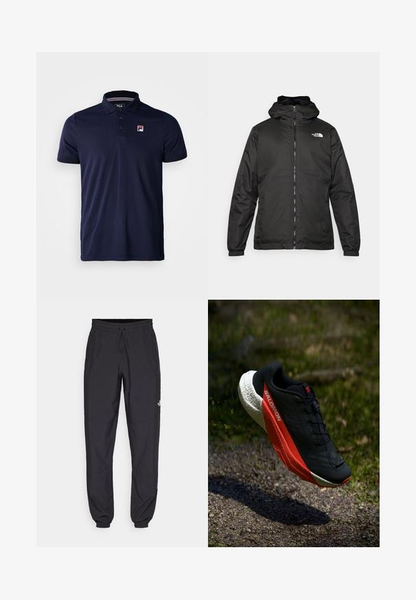 Jacket preta com capuz da The North Face, com fecho éclair na frente, punhos elásticos e logotipo no canto superior esquerdo do peito, em fundo branco.; Pólo azul marinho feito de tecido suave, com uma pala de três botões, colarinho canelado e um pequeno logótipo FILA no lado esquerdo do peito.; Calças atléticas pretas feitas de tecido leve, com um cós ajustável por cordão, bolsos laterais e punhos afunilados nos tornozelos.; Sapatilha de corrida preta com detalhes em vermelho, parte superior de malha leve, sola branca texturizada e sistema de atacadores. Projetada para desempenho e conforto.