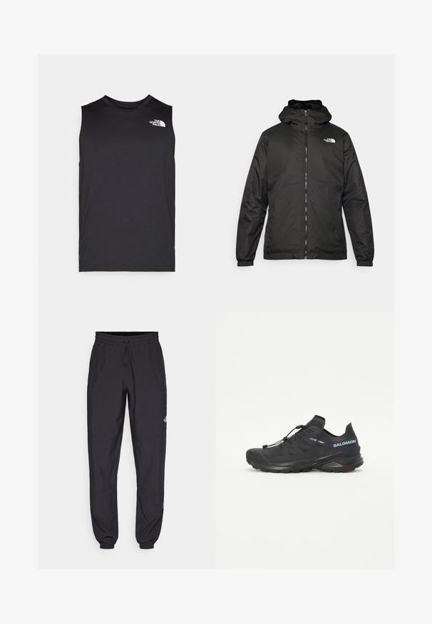 Juodas „The North Face“ striukė su gobtuvu, priekyje užtrauktuku, elastingomis rankogaliais ir logotipu viršutinėje kairėje krūtinės pusėje ant baltos fono.; Juodas be rankovių sportinis marškinėlis, pagamintas iš lygaus, lengvo audinio. Viršutiniame kairiajame kampe turi mažą baltą logotipą. Klasikinis kirpimas su minimaliais siūlais.; Juodos sportinės kelnės, pagamintos iš lengvos medžiagos, su raišteliu liemens srityje, šoniniais kišenėmis ir siaurėjantys apykaklės prie kulkšnies.; Juodas taktinės bėgimo batelis su tekstūruotu viršumi, elastinėmis raištelėmis ir Contagrip padu. Turi tvirtą prigludimą ir apsauginį kojų dangtelį.