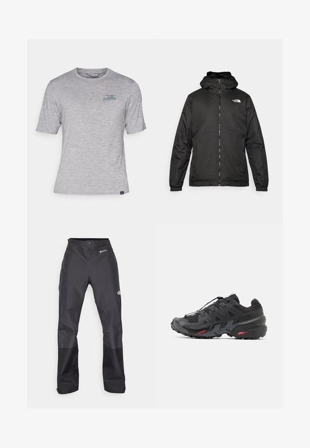 Must esine The North Face must kapuutsiga jakk, millel on esizipp, elastsed mansetid ja logo vasakul ülemisel rinnal valge tausta ees.; Hallitus gray värvi lühikeste varrukatega t-särk, mis on valmistatud pehmest ja kergest kangast. Ees on väike mitmevärviline logo vasakul rinna kohal.; Mustad vettpidavad püksid, millel on sile tekstuur, ees GORE-TEX logo ja tugevdatud alumised jalad vastupidavuse tagamiseks.; Mustad mustus jooksujalats sünteetilisest ülemisest, tekstuurse disaini ja kontrastsete punaste aktsentidega. Omab kinnitatud nöörisüsteemi ja karmist alaosa.