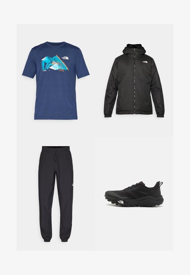 Čierna bundá s kapucňou The North Face s predným zipsom, elastickými manžetami a logom v ľavom hornom rohu hrude na bielom pozadí.; Námorníckomodrá krátkorysá tričko vyrobené z mäkkého materiálu s grafickým návrhom v modrej, oranžovej a bielej farbe, ktorý zobrazuje hory a horolezca.; Čierne športové nohavice vyrobené z ľahkej tkaniny, s elastickým pásom na šnurovanie, bočnými vreckami a zúženými manžetami na členkoch.; Čierne trailové behacie topánky s štruktúrovaným zvrškom, gumovou podrážkou a vystuženou špičkou. Obsahuje polstrovaný golier a úchyt na jednoduché obúvanie.