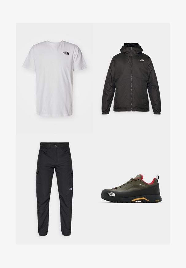 Must esine The North Face must kapuutsiga jakk, millel on esizipp, elastsed mansetid ja logo vasakul ülemisel rinnal valge tausta ees.; Valge puuvillane T-särk lühikeste varrukatega ja ümmarguse kaelusega. Ees on väike must logo vasakus ülanurgas. Sile tekstuur.; The North Face HORIZON PANT - Õuepüksid - black; GORE-TEX matkaš kingad oliivirohelises värvuses musta kummitossu ja keskmise tallaga. Varustatud musta ja kollase Vibram väljatallaga, roosade aktsentide ja paeltega.