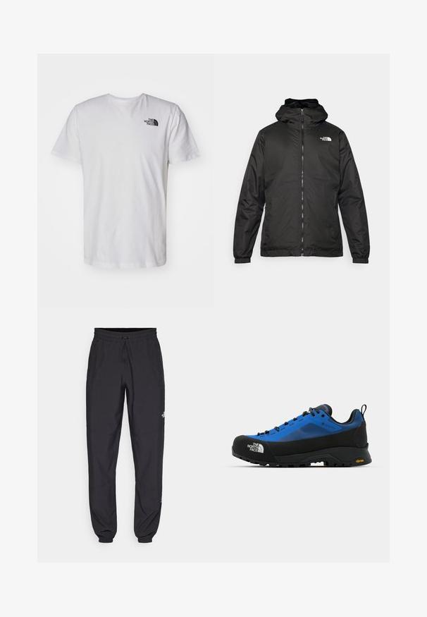 Juodas „The North Face“ striukė su gobtuvu, priekyje užtrauktuku, elastingomis rankogaliais ir logotipu viršutinėje kairėje krūtinės pusėje ant baltos fono.; Balta medvilnė T-marškiniai su trumpomis rankovėmis ir apvalia iškirpte. Viršutinėje kairėje krūtinės dalyje yra mažas juodas logotipas. Sklandi tekstūra.; Juodos sportinės kelnės, pagamintos iš lengvos medžiagos, su raišteliu liemens srityje, šoniniais kišenėmis ir siaurėjantys apykaklės prie kulkšnies.; The North Face VERTO ALPINE GORE TEX - Turistiniai batai - hero blue/tnf black