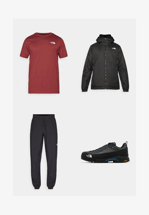 Black The North Face hooded jacket with front zipper, elastic cuffs, and logo on the upper left chest against a white background.; The North Face M SS BOX NSE TEE - Print T-shirt - sumac/asphalt grey; Black athletic pants made from lightweight fabric, featuring a drawstring waistband, side pockets, and tapered cuffs at the ankles.; The North Face VERTO ALPINE GORE TEX - Hiking shoes - asphalt grey/tnf black
