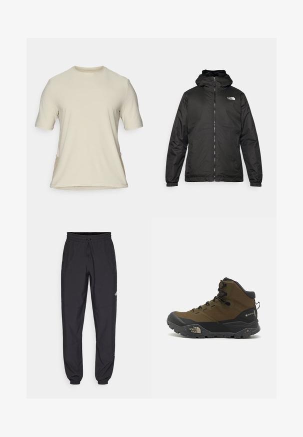 Svart The North Face hettegenser med frontglidelås, elastiske mansjetter, og logo på øvre venstre bryst mot en hvit bakgrunn.; Beige, kortermet t-skjorte med rund hals. Glatt stoff med sidesømmer og en svakt buet nederkant. Ingen synlige logoer eller mønstre.; Sorte idrettsbukser laget av lett stoff, med snor i livet, sidelommer og smale mansjetter ved anklene.; Vanntette turstøvler i mørk olivengrønn og svart, med en teksturert overdel, robust såle og forsterket tåhette.