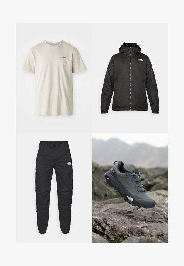 Juodas „The North Face“ striukė su gobtuvu, priekyje užtrauktuku, elastingomis rankogaliais ir logotipu viršutinėje kairėje krūtinės pusėje ant baltos fono.; Šviesiai rudos medvilnės marškinėliai su trumpomis rankovėmis, apvaliu kaklu ir mažu juodu logotipu kairėje krūtinės pusėje. Lygi, nepuošni medžiaga.; The North Face EXPLORATION TAPERED CONVERTIBLE - Lauko kelnės - black; Pilkas bėgimo batelis su tekstūruota viršutine dalimi, tvirtu guminio pado ir sustiprinta nosimi. Turi raištelius ir prekės ženklo logotipą šone.