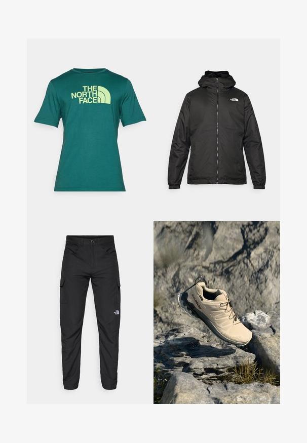 Jacket preta com capuz da The North Face, com fecho éclair na frente, punhos elásticos e logotipo no canto superior esquerdo do peito, em fundo branco.; T-shirt verde de manga curta feito de algodão, com uma grande impressão em amarelo do logótipo "THE NORTH FACE" na parte da frente, em um design curvo.; The North Face HORIZON PANT - Calças para exterior - black; Sapatilha de trail running Salomon bege no ar acima de um terreno rochoso ao ar livre com erva dispersa e pequenas pedras.