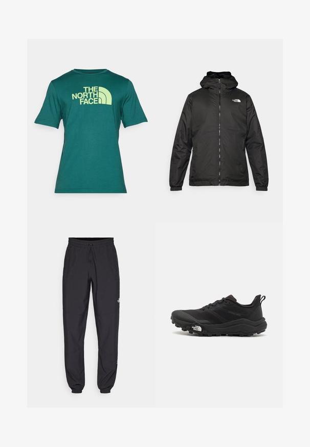 Fekete The North Face kapucnis dzseki elülső zipzárral, elasztikus mandzsettákkal és logóval a bal felső mellkason, fehér háttér előtt.; Zöld, rövid ujjú póló, pamutból készült, elöl nagy sárga logónyomattal a "THE NORTH FACE" felirattal ívelt formában.; Fekete sportnadrág, könnyű anyagból készült, húzózsinóros derékkal, oldalsó zsebekkel és szűkített szárakkal a bokáknál.; Fekete terepfutó cipő, textúrált felső résszel, gumitalppal és megerősített lábujjrészével. Párnázott bokarésszel és húzófüllel rendelkezik a könnyű felhúzáshoz.