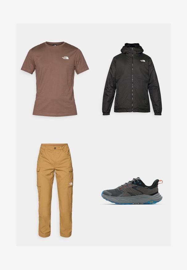 Black The North Face hooded jacket with front zipper, elastic cuffs, and logo on the upper left chest against a white background.; The North Face M SS SIMPLE DOME TEE - Sports T-shirt - smokey brown; The North Face EXPLORATION PANTS - Cargo trousers - utility brown; Gray athletic shoes with mesh and suede material, blue outsole, orange and blue accents, and a textured midsole featuring a Vibram logo.