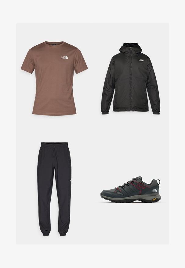 Must esine The North Face must kapuutsiga jakk, millel on esizipp, elastsed mansetid ja logo vasakul ülemisel rinnal valge tausta ees.; The North Face M SS SIMPLE DOME TEE - Spordi T-särk - smokey brown; Mustavad sportlikud püksid, mis on valmistatud kergest kangast, joonlauaga taljest, küljetaskudega ja kitsenevate varrukatega pahkluude juures.; Halli hallid, punaste aktsentidega, võrgu ja sünteetilisest materjalist ülemine, kinnitussüsteem ja Vibrami välispind haarduvuse tagamiseks. Omab Gore-Tex tehnoloogiat veekindluse saavutamiseks.