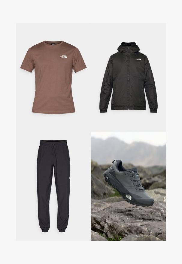 Melnā The North Face kapuce jaka ar priekšējo rāvējslēdzēju, elastīgām piedurknēm un logo augšējā kreisajā krūtī uz balta fona.; The North Face M SS SIMPLE DOME TEE - Sporta krekli - smokey brown; Melni sporta bikses, kas izgatavotas no viegla auduma, ar savelcamu jostu, sānu kabatām un sašaurinātiem apakšējiem galiem pie potītēm.; Pelēki skrējēju apavi ar teksturētu virsu, izturīgu gumijas zoli un pastiprinātu pirkstu daļu. Iekļauj šņores un zīmola logo sānos.