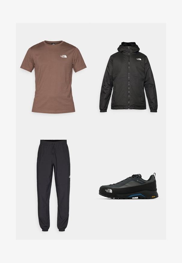 Crna jakna s kapuljačom The North Face s prednjim patentnim zatvaračem, elastičnim manžetama i logotipom na gornjem lijevom dijelu prsnog koša, na bijeloj pozadini.; The North Face M SS SIMPLE DOME TEE - Sportska majica - smokey brown; Crne sportske hlače od lagane tkanine, s pojasom na vezanje, bočnim džepovima i suženim manžetama na gležnjevima.; The North Face VERTO ALPINE GORE TEX - Obuća za pješačenje - asphalt grey/tnf black