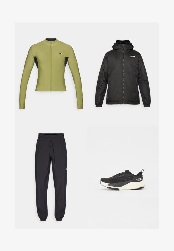 Chaqueta con capucha de The North Face en negro, con cremallera frontal, puños elásticos y logo en la parte superior izquierda del pecho, sobre un fondo blanco.; Chaqueta de manga larga con cremallera en verde oliva y negro, con un alto cuello y un logo en el pecho, fabricada en un tejido suave y elástico.; Pantalones deportivos negros hechos de un tejido ligero, con una cinturilla ajustable, bolsillos laterales y puños ajustados en los tobillos.; Zapatilla deportiva negra con parte superior de malla texturizada, acentos en negro sólido y suela ligera blanca. Presenta cierre de cordones y tirador.