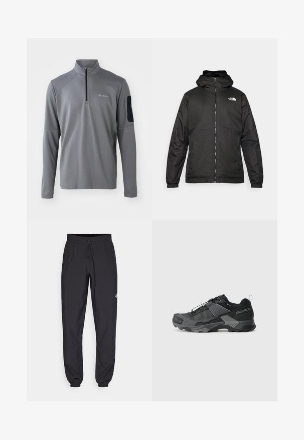 Crna jakna s kapuljačom The North Face s prednjim patentnim zatvaračem, elastičnim manžetama i logotipom na gornjem lijevom dijelu prsnog koša, na bijeloj pozadini.; Sivi pulover dugih rukava s četvrtim patentnim zatvaračem, s teksturiranim završetkom i crnim tkanim zakrpom na lijevoj ruci s patentnim zatvaračem.; Crne sportske hlače od lagane tkanine, s pojasom na vezanje, bočnim džepovima i suženim manžetama na gležnjevima.; Crne trail trkačke tenisice s izdržljivim mrežastim gornjištem, ojačanim vrhom, teksturiranim gumenenim potplatom i elastičnim sistemom vezivanja za sigurnu prilagodbu.