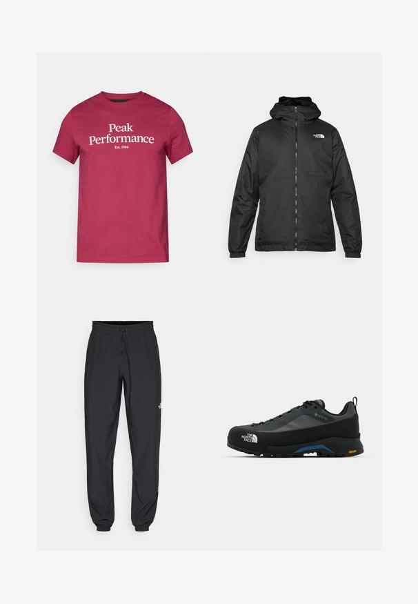 Jachetă cu glugă The North Face de culoare neagră, cu fermoar frontal, manșete elastice și logo pe partea superioară stângă a pieptului, pe un fundal alb.; Tricou din bumbac maroniu cu text alb "Peak Performance" și "Est. 1986." Mâneci scurte și un design clasic cu gât rotund.; Pantaloni atletici negri, confecționați dintr-un material ușor, cu un tiv elastic la talie, buzunare laterale și tivuri ajustate la gleznă.; The North Face VERTO ALPINE GORE TEX - Pantofi drumeție - asphalt grey/tnf black