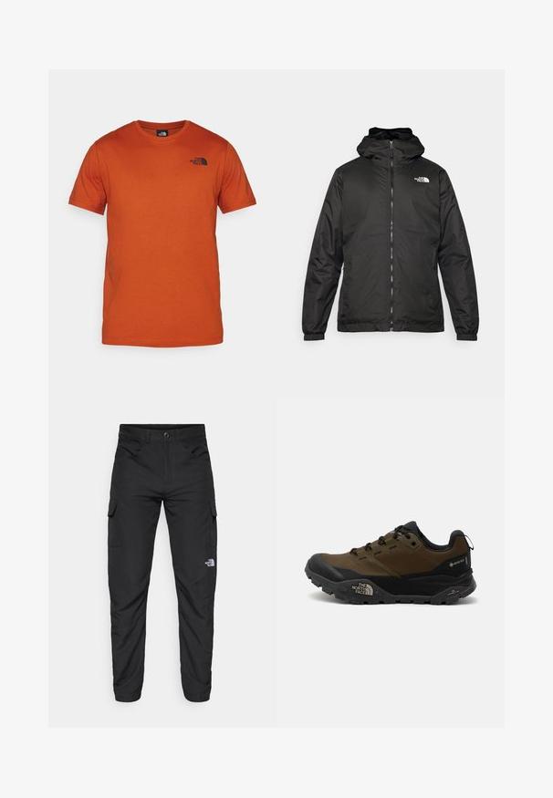 Must esine The North Face must kapuutsiga jakk, millel on esizipp, elastsed mansetid ja logo vasakul ülemisel rinnal valge tausta ees.; The North Face BOX CELEBRATION TEE - Trükipildiga T-särk - earthen copper; The North Face HORIZON PANT - Õuepüksid - black; Kerged, pruunid ja mustad matkajalanõud, millel on veekindel Gore-Tex ülemine osa, robustne tallad ja vastupidav konstruktsioon välistingimustes tegevusteks.