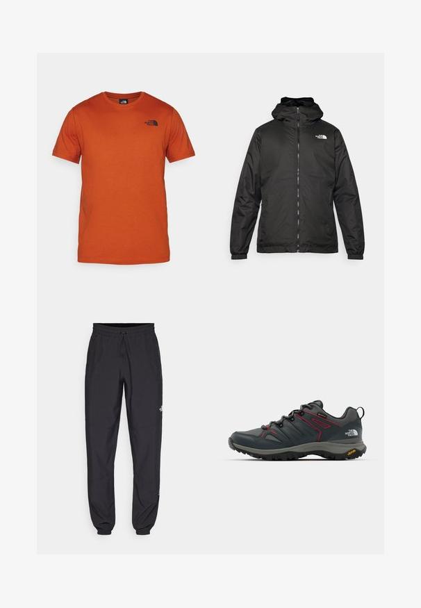 Must esine The North Face must kapuutsiga jakk, millel on esizipp, elastsed mansetid ja logo vasakul ülemisel rinnal valge tausta ees.; The North Face BOX CELEBRATION TEE - Trükipildiga T-särk - earthen copper; Mustavad sportlikud püksid, mis on valmistatud kergest kangast, joonlauaga taljest, küljetaskudega ja kitsenevate varrukatega pahkluude juures.; Halli hallid, punaste aktsentidega, võrgu ja sünteetilisest materjalist ülemine, kinnitussüsteem ja Vibrami välispind haarduvuse tagamiseks. Omab Gore-Tex tehnoloogiat veekindluse saavutamiseks.