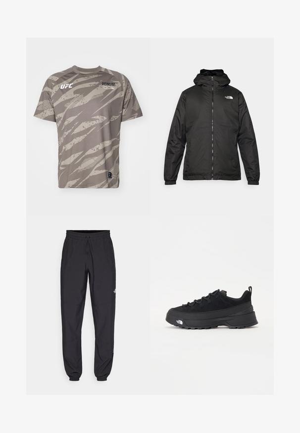 Must esine The North Face must kapuutsiga jakk, millel on esizipp, elastsed mansetid ja logo vasakul ülemisel rinnal valge tausta ees.; Venum UFC FIGHT WEEK 3.0 DRY TECH - Spordi T-särk - khaki; Mustavad sportlikud püksid, mis on valmistatud kergest kangast, joonlauaga taljest, küljetaskudega ja kitsenevate varrukatega pahkluude juures.; Must musta jalats, millel on sametised ülemused, tekstuuriga kummist põhi ja vastupidav sidumise süsteem. Omab tugevdust kannaosas ja brändi logo küljes.