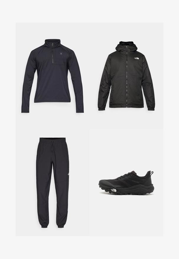 Melnā The North Face kapuce jaka ar priekšējo rāvējslēdzēju, elastīgām piedurknēm un logo augšējā kreisajā krūtī uz balta fona.; Melna garenpolvmaika ar ceturtdaļas rāvējloku, izgatavota no viegla struktūrēta auduma. Iekļauta neliela krūšu kabata un izšūts logo.; Melni sporta bikses, kas izgatavotas no viegla auduma, ar savelcamu jostu, sānu kabatām un sašaurinātiem apakšējiem galiem pie potītēm.; Melnas taku skriešanas kurpes ar teksturētu virsu, gumijas zoli un pastiprinātu pirkstu daļu. Aprīkotas ar mīkstu apkakli un vilkšanas cilpu, lai viegli uzvilktu.