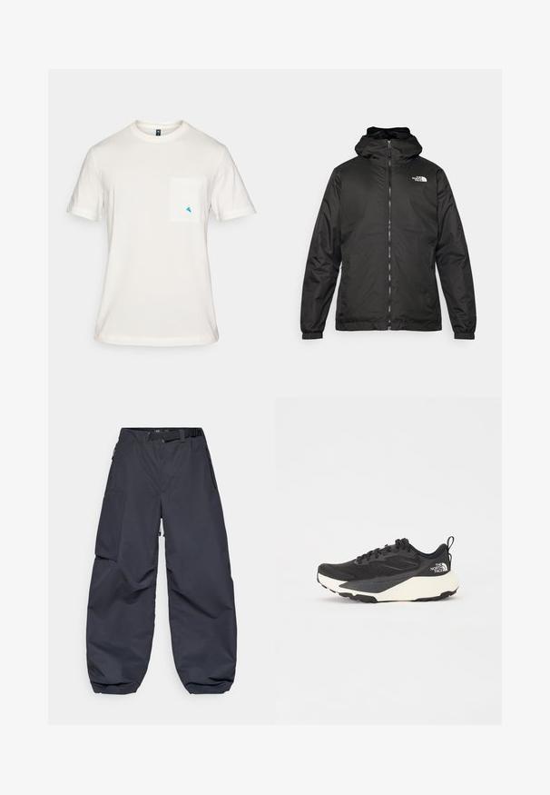 Giacca a vento nera The North Face con zip frontale, polsini elasticizzati e logo sulla parte superiore sinistra del petto, su sfondo bianco.; T-shirt bianco in cotone con maniche corte, collo rotondo e taschino sul lato sinistro del petto con un piccolo logo triangolare blu.; Pantaloni cargo grigi scuri realizzati in un materiale morbido e resistente. Presentano una vestibilità ampia e comoda, numerose tasche e una cintura in vita per la regolazione.; Scarpa da allenamento nera con tomaia in mesh testurizzato, dettagli neri solidi e suola leggera bianca. Presenta chiusura con lacci e un tab di pull.