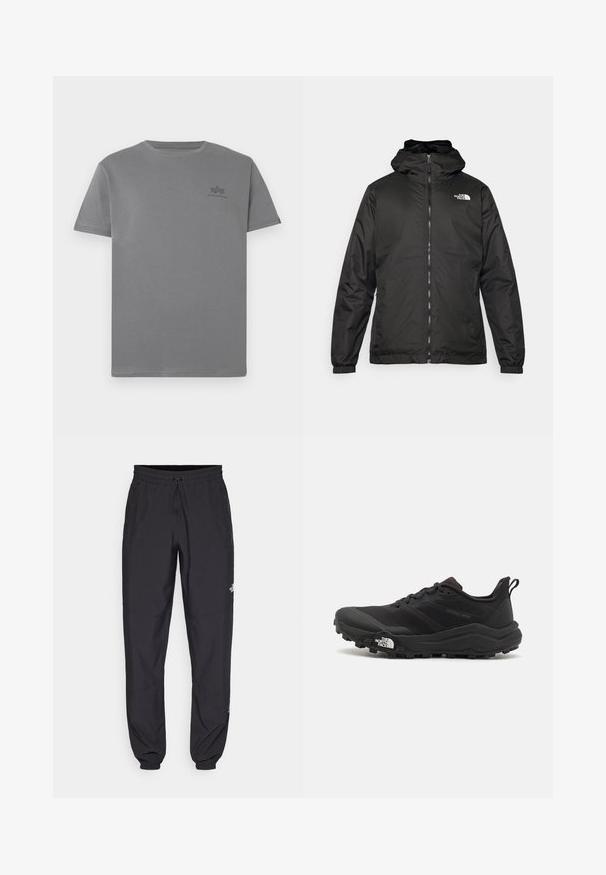 Must esine The North Face must kapuutsiga jakk, millel on esizipp, elastsed mansetid ja logo vasakul ülemisel rinnal valge tausta ees.; Hall hall t-särk, millel on ümar kaelus ja lühikesed varrukad. Vasakul rinnaosas on väike must logo. Sile tekstuur.; Mustavad sportlikud püksid, mis on valmistatud kergest kangast, joonlauaga taljest, küljetaskudega ja kitsenevate varrukatega pahkluude juures.; Must tume jooksujalats musta värvi, tekstuurse ülemise osaga, kummist tallaga ja tugevdatud varbaga. Omab pehmendusega krae ja tõmblinti mugavaks selga panemiseks.