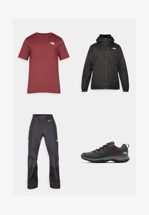 Juodas „The North Face“ striukė su gobtuvu, priekyje užtrauktuku, elastingomis rankogaliais ir logotipu viršutinėje kairėje krūtinės pusėje ant baltos fono.; Raudona medvilninė marškinė su apvaliu kaklu, trumpomis rankovėmis ir balta logo kairėje krūtinės pusėje. Lygi tekstūra ir klasikinis siluetas.; Juodos vandeniui atsparios kelnės su lygiu paviršiumi, su GORE-TEX logotipu priekyje ir sustiprintomis apačiomis dėl ilgaamžiškumo.; Pilkos žygio bateliai su raudonais akcentais, tinklelio ir sintetinė viršutinė dalis, raištelių sistema, ir Vibram padas, užtikrinantis sukibimą. Įrengti Gore-Tex technologija vandens atsparumui.
