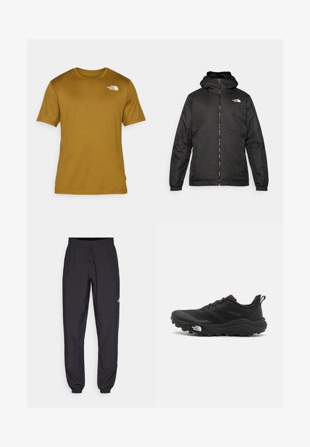 Jacket preta com capuz da The North Face, com fecho éclair na frente, punhos elásticos e logotipo no canto superior esquerdo do peito, em fundo branco.; T-shirt de manga curta em tecido amarelo mostarda, apresentando decote redondo e logótipo branco no lado esquerdo do peito. Textura suave e leve.; Calças atléticas pretas feitas de tecido leve, com um cós ajustável por cordão, bolsos laterais e punhos afunilados nos tornozelos.; Sapatilha de trail running preta com um upper texturizado, sola de borracha e biqueira reforçada. Possui um colarinho acolchoado e uma alça para facilitar o calçar.