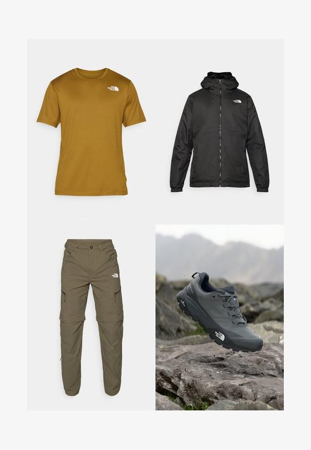 Svart The North Face hettegenser med frontglidelås, elastiske mansjetter, og logo på øvre venstre bryst mot en hvit bakgrunn.; Kortsleeved t-skjorte i sennepsgul stoff, med rund hals og hvit logo på venstre bryst. Glatt, lett tekstur.; The North Face EXPLORATION TAPERED CONVERTIBLE - Friluftsbukser - new taupe green; Grå terrengløpesko med en teksturert overdel, slitesterk gummisåle og forsterket tåhette. Inkluderer snørebånd og merkevarelogo på siden.