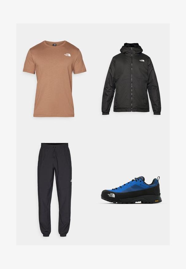 Črna kapuca jakna The North Face z sprednjim zadrgo, elastičnimi manšetami in logotipom na zgornjem levem prsnem delu na belem ozadju.; Rjava majica s kratkimi rokavi, izdelana iz mehkega materiala, z okroglo ovratnikom in belim logotipom na levem prsnem delu. Gladka tekstura in minimalističen dizajn.; Črne atletske hlače iz lahkega materiala, ki imajo elastični pas z vezalko, stranske žepe in zožene manšete na gležnjih.; The North Face VERTO ALPINE GORE TEX - Pohodniški čevlji - hero blue/tnf black