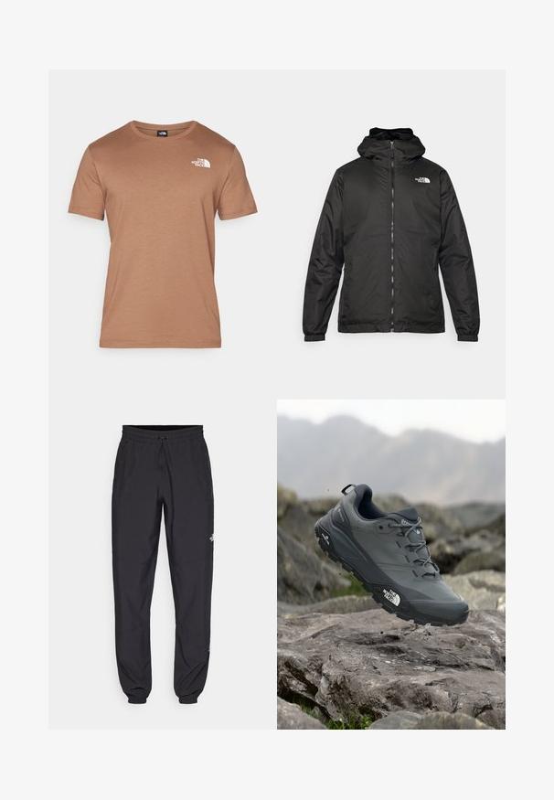 Chaqueta con capucha de The North Face en negro, con cremallera frontal, puños elásticos y logo en la parte superior izquierda del pecho, sobre un fondo blanco.; Camiseta corta de manga corta marrón, hecha de material suave, con cuello redondo y logo blanco en la parte izquierda del pecho. Textura suave y diseño minimalista.; Pantalones deportivos negros hechos de un tejido ligero, con una cinturilla ajustable, bolsillos laterales y puños ajustados en los tobillos.; Zapatilla de trail running gris con parte superior texturizada, suela de goma duradera y puntera reforzada. Cuenta con cordones y logo de la marca en el lateral.