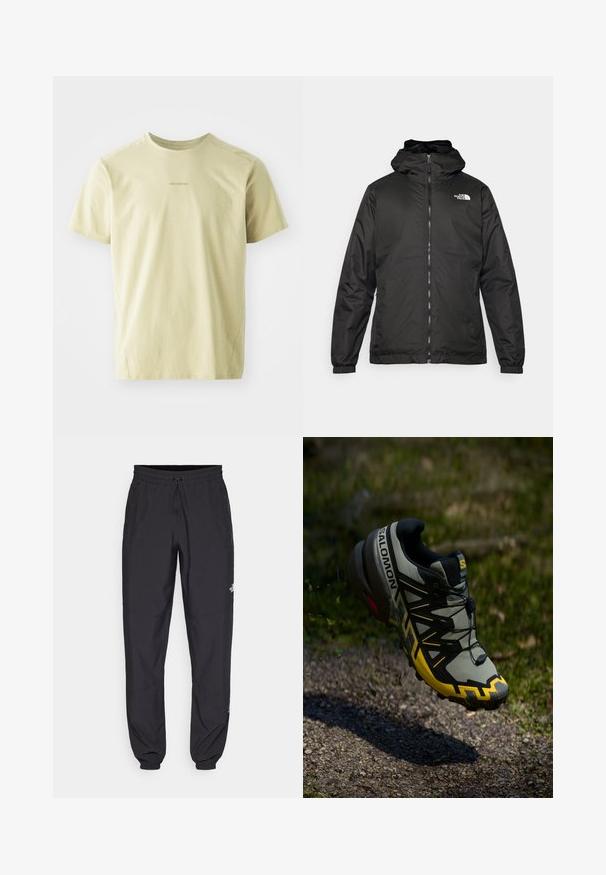 Črna kapuca jakna The North Face z sprednjim zadrgo, elastičnimi manšetami in logotipom na zgornjem levem prsnem delu na belem ozadju.; Salomon TRACKLINE TEE - Športne majice - gray green; Črne atletske hlače iz lahkega materiala, ki imajo elastični pas z vezalko, stranske žepe in zožene manšete na gležnjih.; Salomon teka za trail tek v stisnjenem sivo odtenku z svetlo rumenimi detajli. Ima teksturirano podplat, varen sistem zavezovanja in oblazinjeno ovratnik.