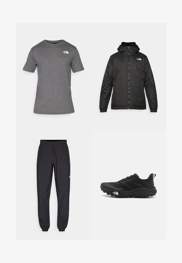Sort The North Face hættejakke med frontlynlås, elastiske manchetter og logo på øverste venstre bryst mod en hvid baggrund.; The North Face M SS BOX NSE TEE - T-shirts print - medium grey heather; Sorte atletiske bukser lavet af letvægtsstof, med en snor i taljen, sidelommer og tapered manchetter ved anklerne.; Sort trail løbesko med en struktureret overdel, gummisål og forstærket tåhætte. Har en polstret krave og en pull-tab til nem påtagning.